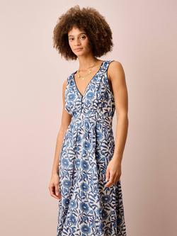 Brora V-Neck Button Front Organic Cotton Sundress, Indigo/Multi, Indigo/Multi
