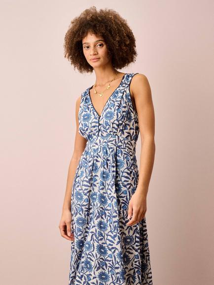 Brora V-Neck Button Front Organic Cotton Sundress, Indigo/Multi, Indigo/Multi