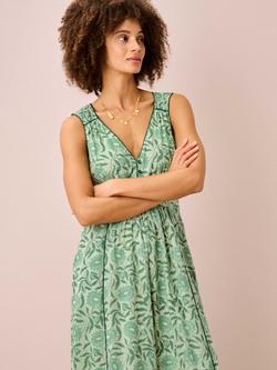 Brora V-Neck Button Front Organic Cotton Sundress, Green/Multi, Green/Multi