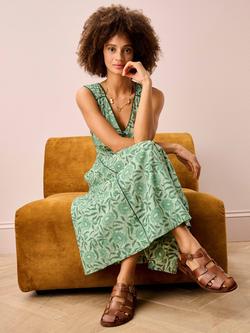 Brora V-Neck Button Front Organic Cotton Sundress, Green/Multi - view 2, Green/Multi