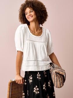 Brora Puff Sleeve Smocked Cheesecloth Organic Cotton Blouse, White, White