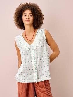 Brora Organic Cotton Dobby Sleeveless Blouse, White/Jade, White/Jade