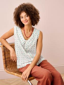 Brora Organic Cotton Dobby Sleeveless Blouse, White/Jade - view 2, White/Jade