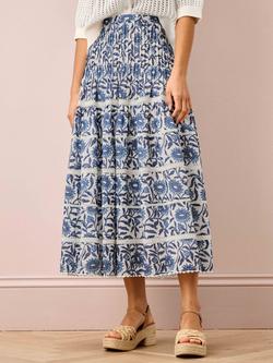 Brora Lace Insert Floral Organic Cotton Skirt, Blue/Multi, Blue/Multi