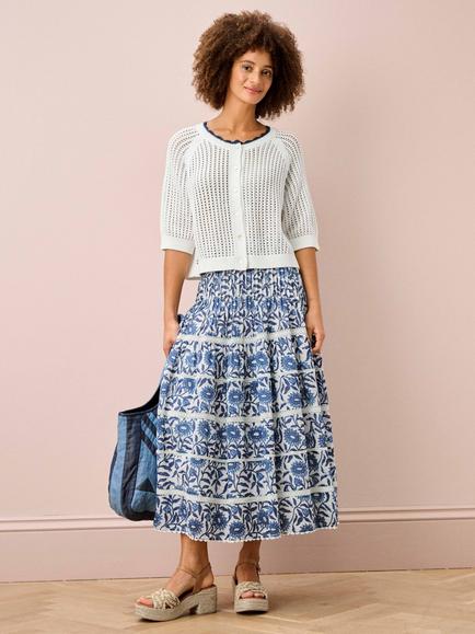Brora Lace Insert Floral Organic Cotton Skirt, Blue/Multi - view 2, Blue/Multi