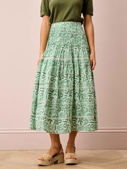 Brora Lace Insert Floral Organic Cotton Skirt, Green/Multi, Green/Multi