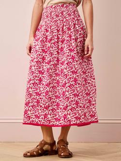 Brora Paisely V-Neck Organic Shirred Cotton Skirt, Cherry/Ecru, Cherry/Ecru