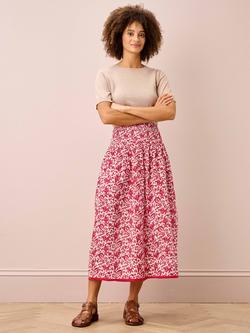 Brora Paisely V-Neck Organic Shirred Cotton Skirt, Cherry/Ecru - view 2, Cherry/Ecru