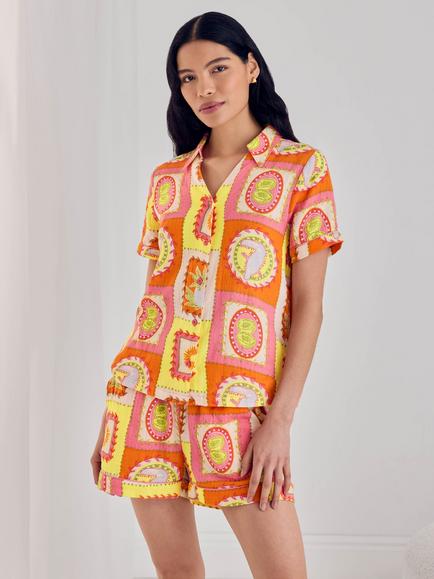 Chelsea Peers Organic Cotton Cheesecloth Tropical Short Pyjamas, Multi, Multi