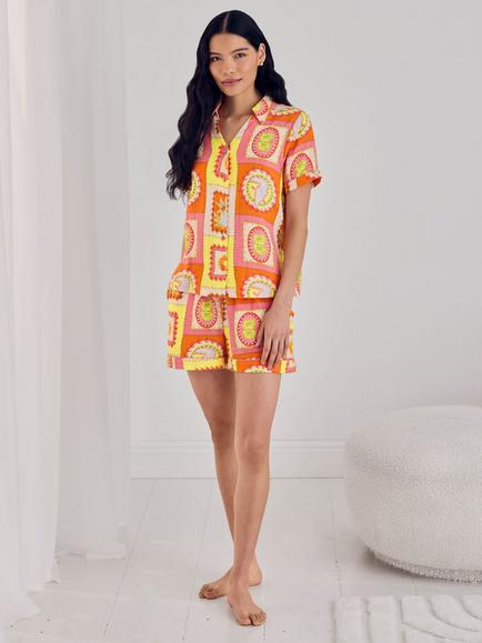 Chelsea Peers Organic Cotton Cheesecloth Tropical Short Pyjamas, Multi - view 2, Multi
