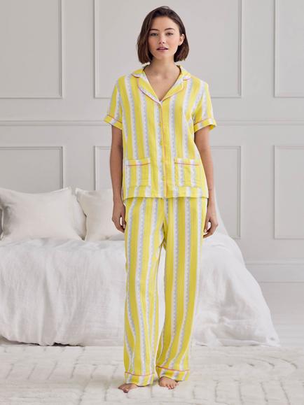 Chelsea Peers Wiggle Stripe Long Cotton Cheesecloth Pyjama Set, Off White, Off White