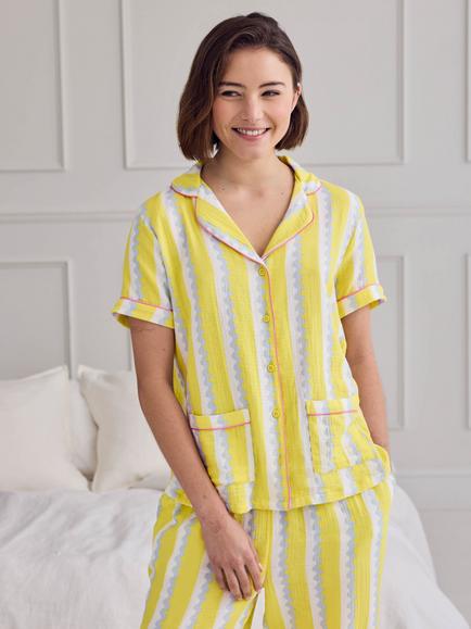 Chelsea Peers Wiggle Stripe Long Cotton Cheesecloth Pyjama Set, Off White - view 2, Off White