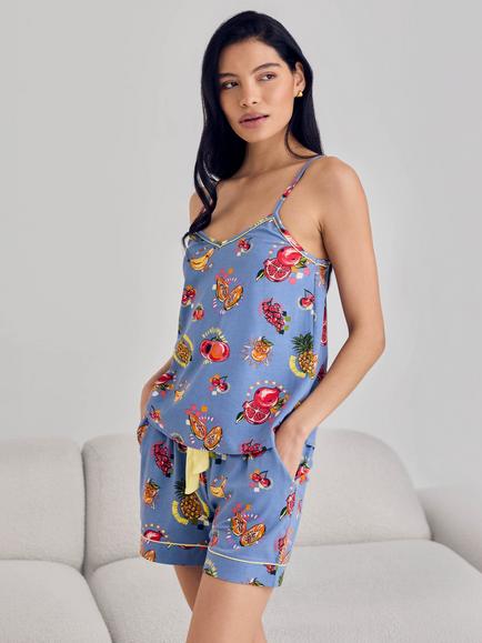 Chelsea Peers Fruit Party Print Camisole Short Cotton Blend Pyjama Set, Blue, Blue
