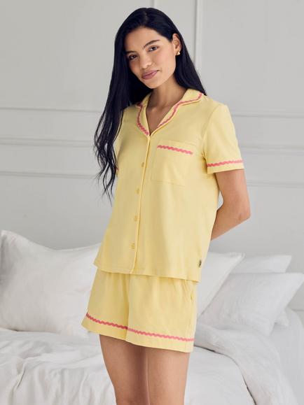 Chelsea Peers Button Through Embroidered Back Short Pyjama Set, Yellow/Pink, Yellow/Pink