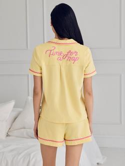 Chelsea Peers Button Through Embroidered Back Short Pyjama Set, Yellow/Pink - view 2, Yellow/Pink