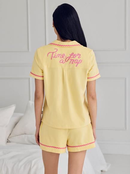Chelsea Peers Button Through Embroidered Back Short Pyjama Set, Yellow/Pink - view 2, Yellow/Pink