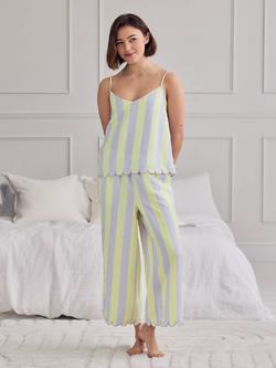 Chelsea Peers Linen Blend Scallop Edge Stripe Long Pyjama Set, Lilac/Lime Green, Lilac/Lime Green