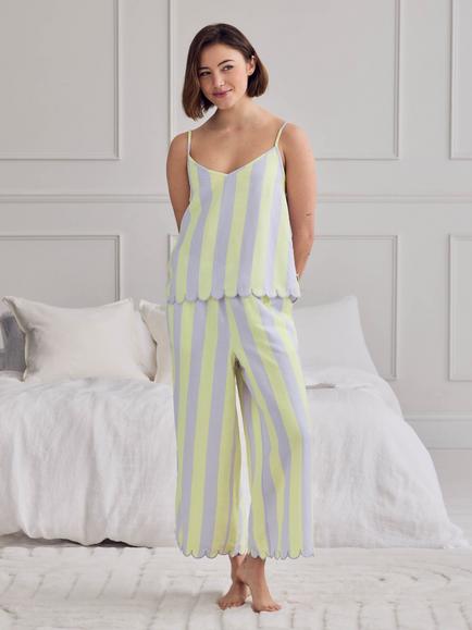 Chelsea Peers Linen Blend Scallop Edge Stripe Long Pyjama Set, Lilac/Lime Green, Lilac/Lime Green