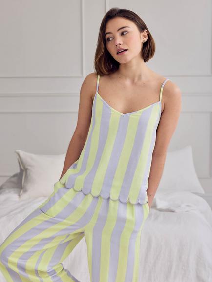 Chelsea Peers Linen Blend Scallop Edge Stripe Long Pyjama Set, Lilac/Lime Green - view 2, Lilac/Lime Green