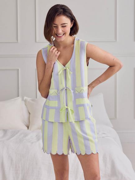 Chelsea Peers Linen Blend Scallop Edge Tie-Front Stripe Cami Short Pyjama Set, Lilac / Lime Green, Lilac / Lime Green