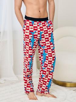 Chelsea Peers Checkerboard Shark Print Cotton Blend Pyjama Bottoms, Orange - view 2, Orange