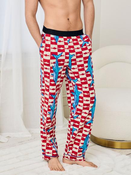 Chelsea Peers Checkerboard Shark Print Cotton Blend Pyjama Bottoms, Orange - view 2, Orange
