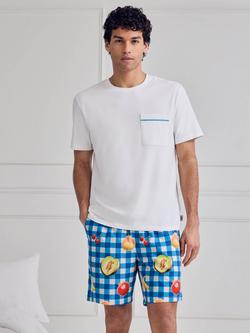 Chelsea Peers Gingham Tropical Fruit Print Short Cotton Pyjama Set, Blue, Blue