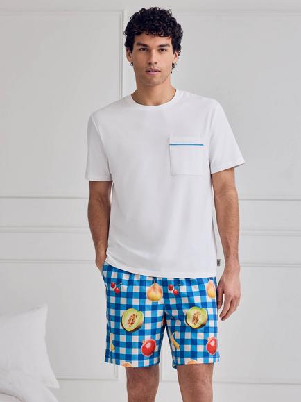 Chelsea Peers Gingham Tropical Fruit Print Short Cotton Pyjama Set, Blue, Blue