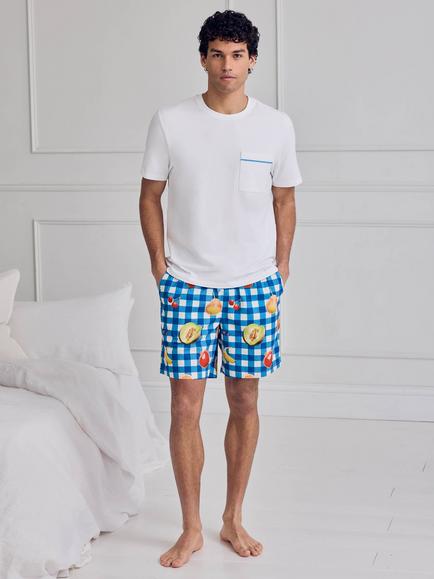 Chelsea Peers Gingham Tropical Fruit Print Short Cotton Pyjama Set, Blue - view 2, Blue