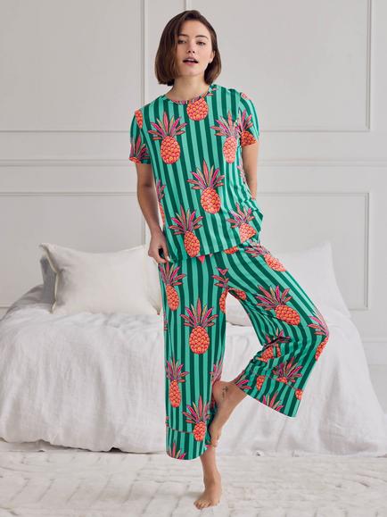 Chelsea Peers Pineapple Stripe Print Long Pyjama Set, Turquoise, Turquoise