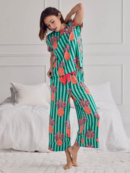 Chelsea Peers Pineapple Stripe Print Long Pyjama Set, Turquoise - view 2, Turquoise