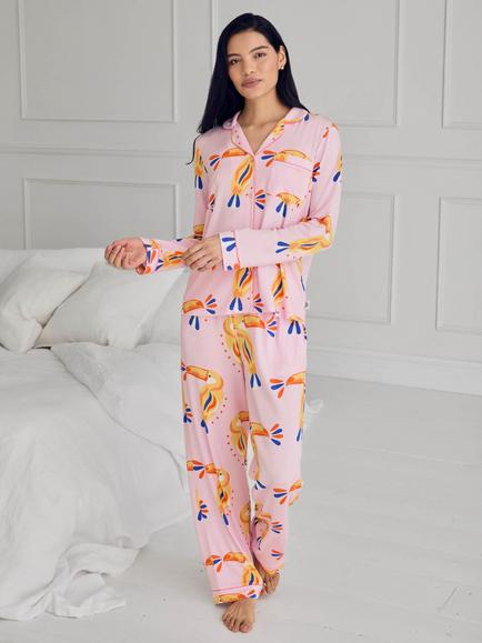 Chelsea Peers Tall Toucan Print Long Pyjama Set containing TENCEL™ Modal, Pink, Pink