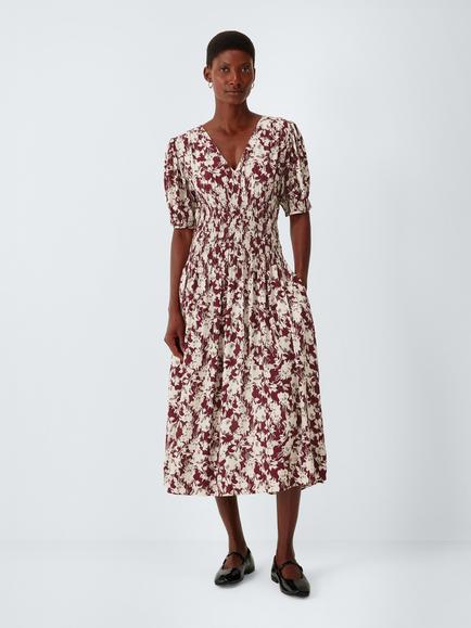 John Lewis Shirred Waist Short Sleeve Floral Print Midi Dress, Burgundy Floral, Burgundy Floral