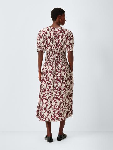 John Lewis Shirred Waist Short Sleeve Floral Print Midi Dress, Burgundy Floral - view 2, Burgundy Floral