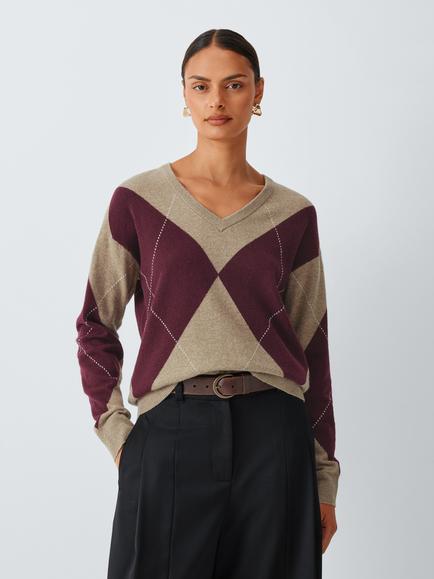 John Lewis Argyle Wool Rich Knit V-Neck Jumper, Beige, Beige