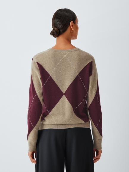 John Lewis Argyle Wool Rich Knit V-Neck Jumper, Beige - view 2, Beige