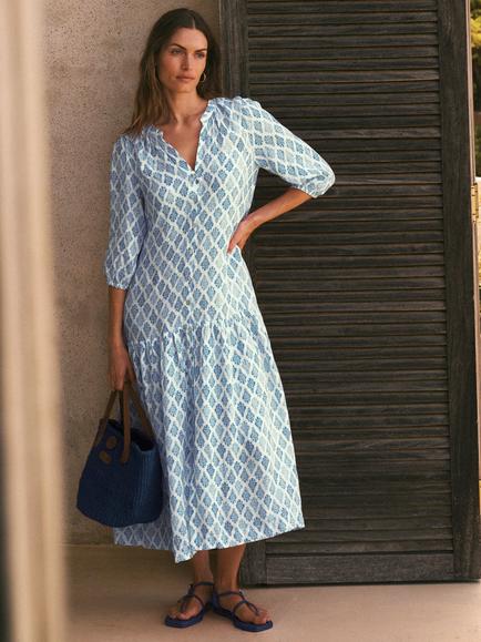 NRBY Anais Gauze Linen Dress, Blue/Multi, Blue/Multi