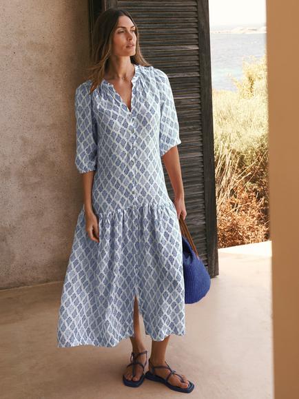 NRBY Anais Gauze Linen Dress, Blue/Multi - view 2, Blue/Multi