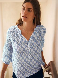 NRBY Allie Geo Print Gauze Linen Blouse, Blue/Multi, Blue/Multi