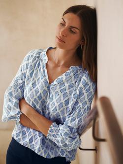 NRBY Allie Geo Print Gauze Linen Blouse, Blue/Multi - view 2, Blue/Multi