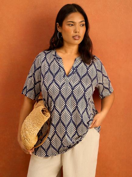Live Unlimited Curve Nehru Collar Leaf Stripe Blouse, Blue, Blue