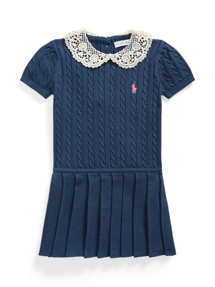 Ralph Lauren Baby Short Sleeve Pleated Cable Knit Jumper Dress, Rustic Navy, Rustic Navy