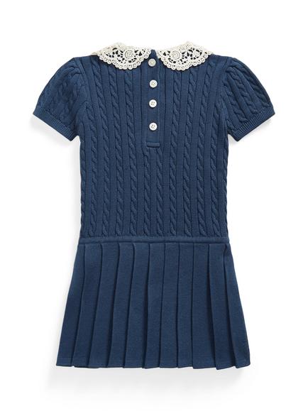 Ralph Lauren Baby Short Sleeve Pleated Cable Knit Jumper Dress, Rustic Navy - view 2, Rustic Navy