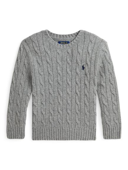 Polo Ralph Lauren Kids' Wool Blend Cable Knit Sweater, Fawn Grey Hthr/Navy, Fawn Grey Hthr/Navy