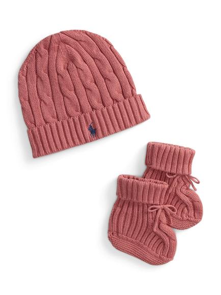 Ralph Lauren Baby Cable Knit Hat and Booties Set, Canvas Pink, Canvas Pink