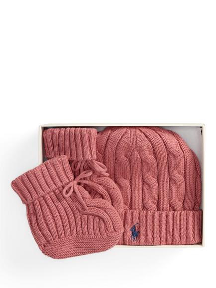 Ralph Lauren Baby Cable Knit Hat and Booties Set, Canvas Pink - view 2, Canvas Pink