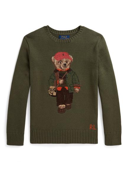 Polo Ralph Lauren Kids' Crew Neck Bear Jumper, Cruise Olive, Cruise Olive