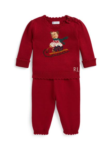 Ralph Lauren Baby Knitted Jumper and Trouser Set, Red/Multi, Eaton Red Multi