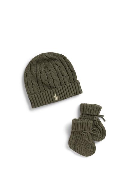 Ralph Lauren Baby Cable Knit Hat and Booties Gift Set, Cruise Olive, Cruise Olive