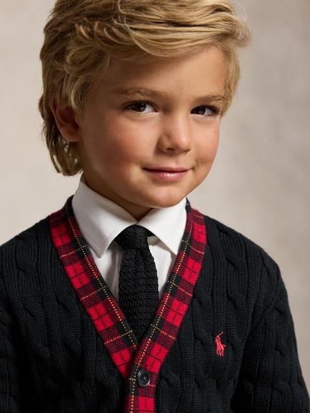 Ralph Lauren Kids' Cable Knit Cardigan, Polo Black Multi - view 2, Polo Black Multi